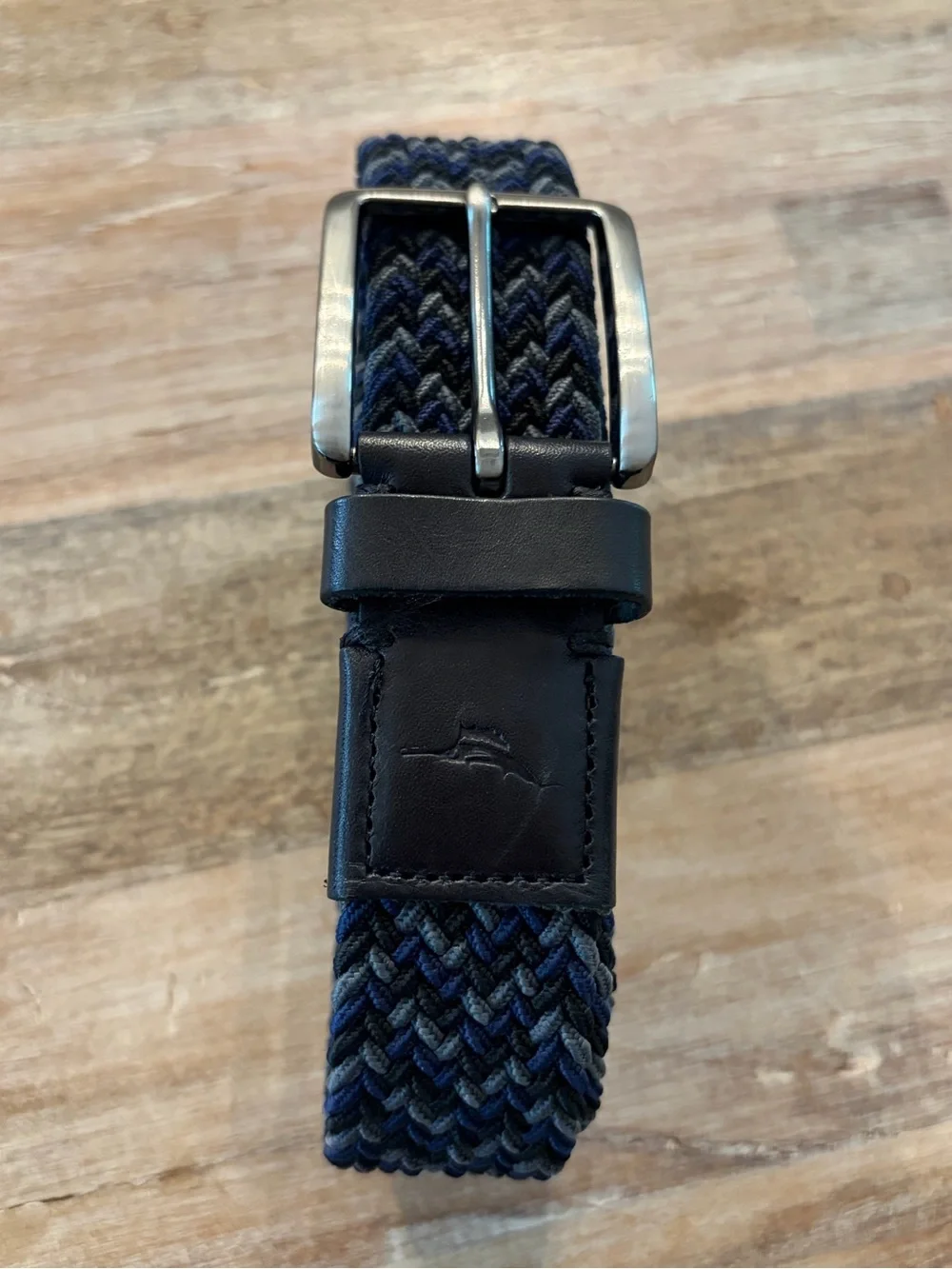 Tommy Bahama Men’s Stretch Braided Leather Trim Belt Navy Gray Black L/XL 38-42